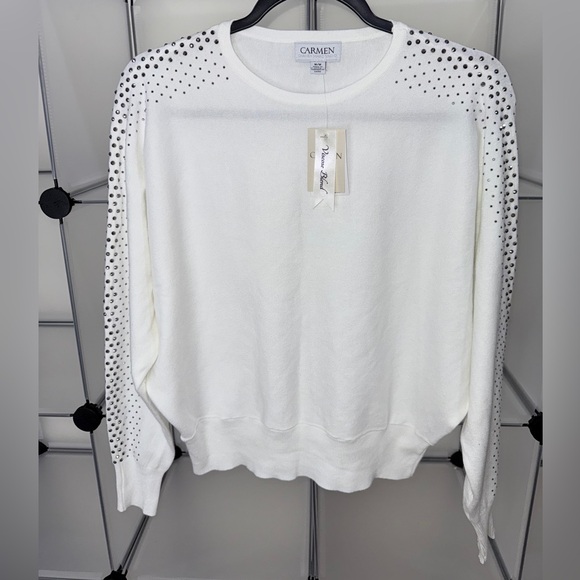 Carmen Marc Valvo Sweaters - Carmen Marc Valvo Womens Viscose Blend Studded Sweater Top White Size M NWT